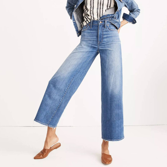 Madewell Denim - NEW Madewell Petite Wide-Leg High-Rise Frayed Hem Crop Denim Jean Finney Blue 27